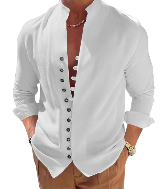 男竹节麻门襟扣袢立领长袖衬衫LTM100492 - 竹节麻-120g/S